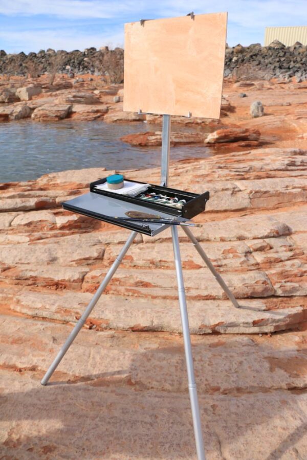 Soltek Compact plein air artist easel at Sand Hollow Reservoir ready to paint with supplies showing